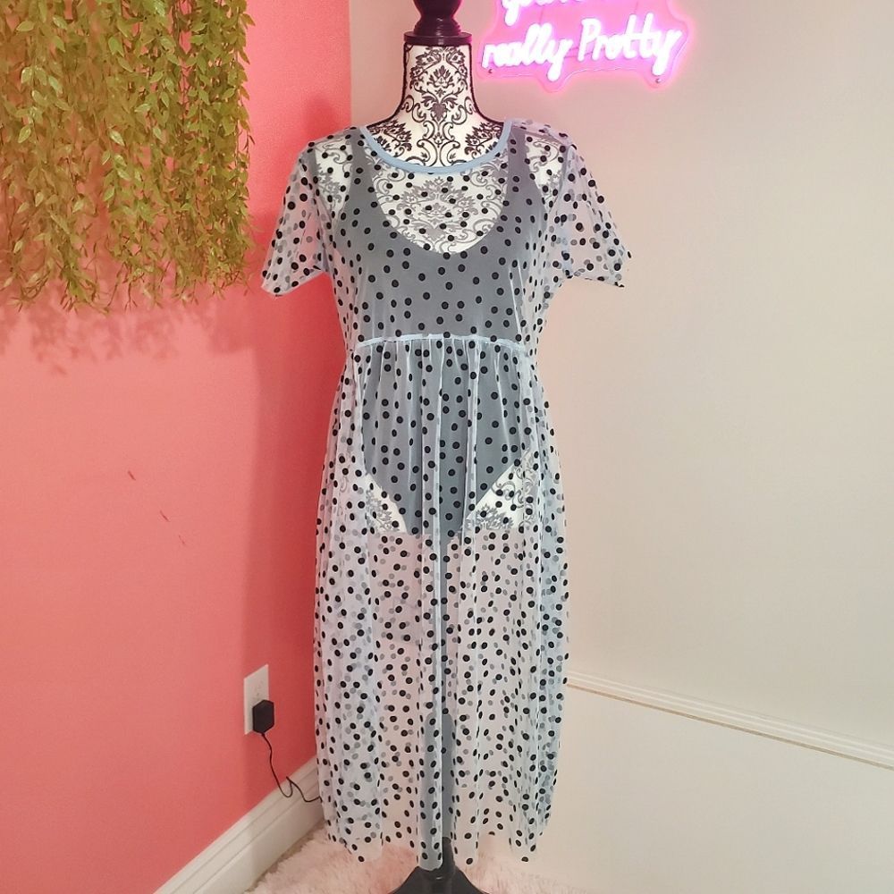 Wednesday Girl Sheer Light Blue Polka Dot Day Dress Size XL